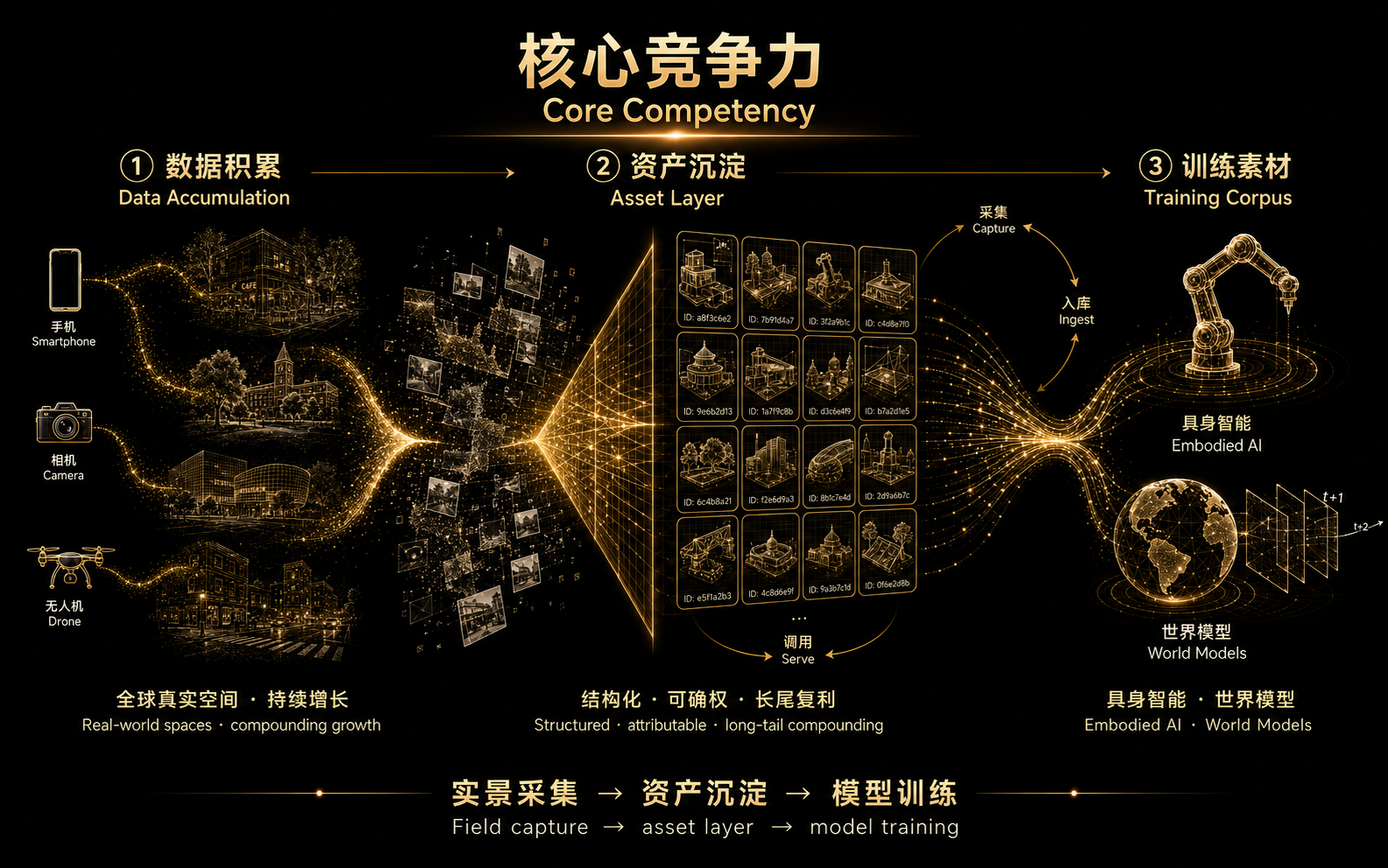 核心竞争力示意:数据积累、资产沉淀、具身智能与世界模型训练素材——中英双语信息图